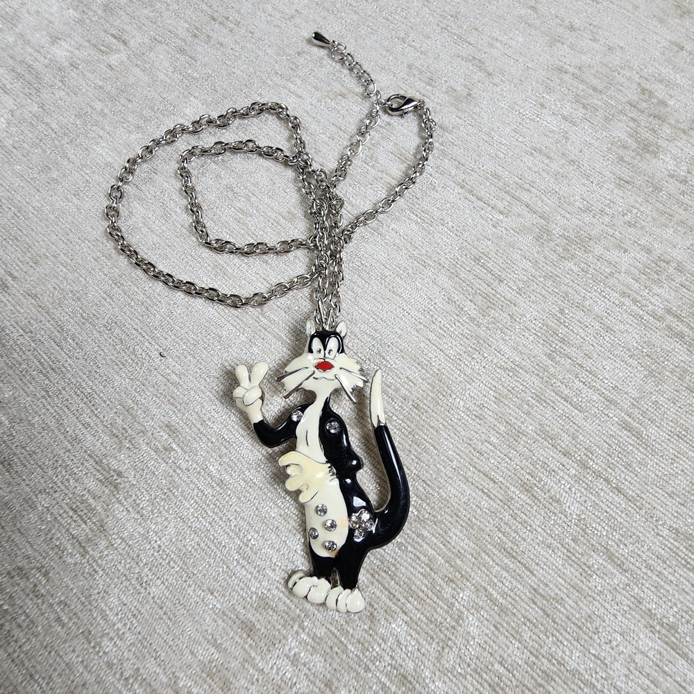 Vintage Looney Tunes Villian Sylvester The Cat Tweety Bird Pendant Necklace 20"